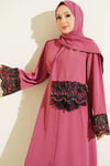 Şallı Çiçek Süslemeli Abaya Elbise Gül Kurusu