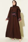 Şallı Çiçek Süslemeli Abaya Elbise Kahve