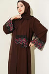 Şallı Çiçek Süslemeli Abaya Elbise Kahve