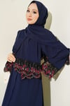 Şallı Çiçek Süslemeli Abaya Elbise Lacivert