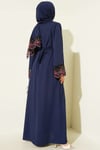 Şallı Çiçek Süslemeli Abaya Elbise Lacivert