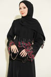 Şallı Çiçek Süslemeli Abaya Elbise Siyah