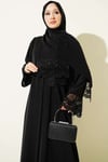 Şallı Çiçek Süslemeli Abaya Elbise Siyah Dantelli