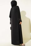 Şallı Çiçek Süslemeli Abaya Elbise Siyah Dantelli