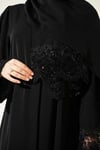 Şallı Çiçek Süslemeli Abaya Elbise Siyah Dantelli