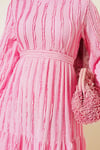 Şerit Fırfırlı Kuşaklı Elbise Pembe
