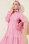 Şerit Fırfırlı Kuşaklı Elbise Pembe