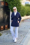 Seyyar Kuşaklı Düğmeli Kısa Trençkot Lacivert