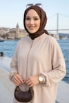 Taşlı Fermuarlı Tunik Pantolon İkili Takım Bej