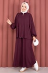 Taşlı Fermuarlı Tunik Pantolon İkili Takım Mürdüm