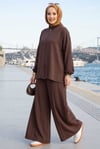 Taşlı Fermuarlı Tunik Pantolon İkili Takım Kahve