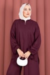 Taşlı Fermuarlı Tunik Pantolon İkili Takım Mürdüm