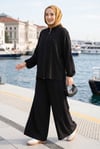 Taşlı Fermuarlı Tunik Pantolon İkili Takım Siyah