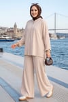 Taşlı Fermuarlı Tunik Pantolon İkili Takım Bej