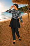 Üstü Desenli Beli Fırfırlı Fermuar Detaylı Üçlü Mayo Takım Siyah-Gri