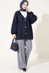 V Yaka Sakallı Düğmeli Hırka Lacivert