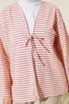 Yatay Çizili Bağcıklı Kimono Kırmızı