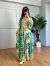 CDBR4389Flora Düğmesiz Yeşil Etnik Desen Viskon Maxi Boy Elbise