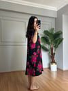 CDBR4262Helin Siyah Çiçekli Pamuk Viskon Midi Boy Elbise 