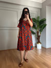CDBR4264Helin Turuncu Etnik Desen Pamuk Viskon Midi Boy Elbise