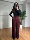 CDBR4210Sidya Bordo Beli Lastikli Pamuk Keten Palazzo Pantolon