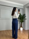 CDBR4208Sidya Lacivert Beli Lastikli Pamuk Keten Palazzo Pantolon