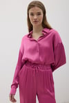 G28-4877-KOYUPEMBE-LLEVUREÜst GiyimKadın Önü Düğmeli Oversize Saten Gömlek KOYU PEMBE