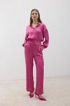 G28-4877-KOYUPEMBE-LLEVUREÜst GiyimKadın Önü Düğmeli Oversize Saten Gömlek KOYU PEMBE