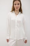 G28-4877-EKRU-LLEVUREÜst GiyimKadın Önü Düğmeli Oversize Saten Gömlek EKRU