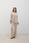 G28-4877-TAŞ-LLEVUREÜst GiyimKadın Önü Düğmeli Oversize Saten Gömlek TAŞ