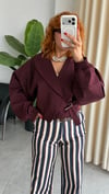 Bordo Şal Yaka Tokalı Balon Kol Crop Ceket