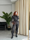 Çizgili Denim Kemerli Takım Füme