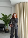 Çizgili Denim Kemerli Takım Füme