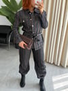 Çizgili Denim Kemerli Takım Füme