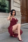 Premium Fırfırlı Yırtaçlı Tasarım Asimetrik Elbise