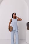 Premium Keten Arkadan Bağlamalı Asimetrik Bluz-Pantolon 2 Li Takım 
