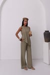 Premium Keten Arkadan Bağlamalı Asimetrik Bluz-Pantolon 2 Li Takım 