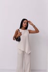 Premium Keten Arkadan Bağlamalı Asimetrik Bluz-Pantolon 2 Li Takım 
