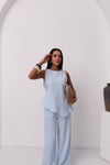 Premium Keten Arkadan Bağlamalı Asimetrik Bluz-Pantolon 2 Li Takım 