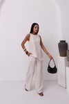 Premium Keten Arkadan Bağlamalı Asimetrik Bluz-Pantolon 2 Li Takım 