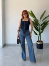 Premium Trend Wide Leg Parlak Taş Baskılı Denim Pantolon 