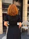Romantik Balon Kol Kare Yaka Düğme Detaylı Kadın Midi Elbise