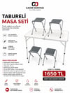ÇADIR DÜNYASI TABURELİ KATLANIR MASA SETİ Kamp, piknik, bahçe, balkon, pazar ve açık hava etkinliklerinde hayatınızı kolaylaştıracak TABURELİ MASA SETİ 