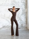 İspanyol Uzun Kollu Scrunch Butt Tulum Kahverengi 3103