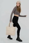 Bej Kabartmalı Pamuklu Kumaş Shopper Çanta -Okul Omuz Çantası