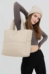 Bej Kabartmalı Pamuklu Kumaş Shopper Çanta -Okul Omuz Çantası