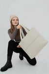 Bej Kabartmalı Pamuklu Kumaş Shopper Çanta -Okul Omuz Çantası