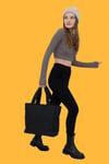 Siyah Kabartmalı Pamuklu Kumaş Shopper Çanta -Okul Omuz Çantası