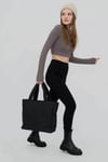 Siyah Kabartmalı Pamuklu Kumaş Shopper Çanta -Okul Omuz Çantası