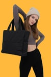 Siyah Kabartmalı Pamuklu Kumaş Shopper Çanta -Okul Omuz Çantası